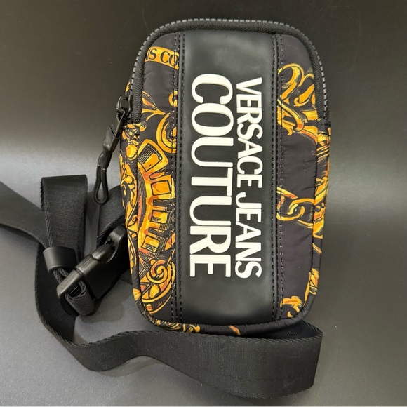 VERSACE JEANS COUTURE Black Iconic All-over Pattern Logo Nylon Compact Sling Bag - Picture 1 of 16